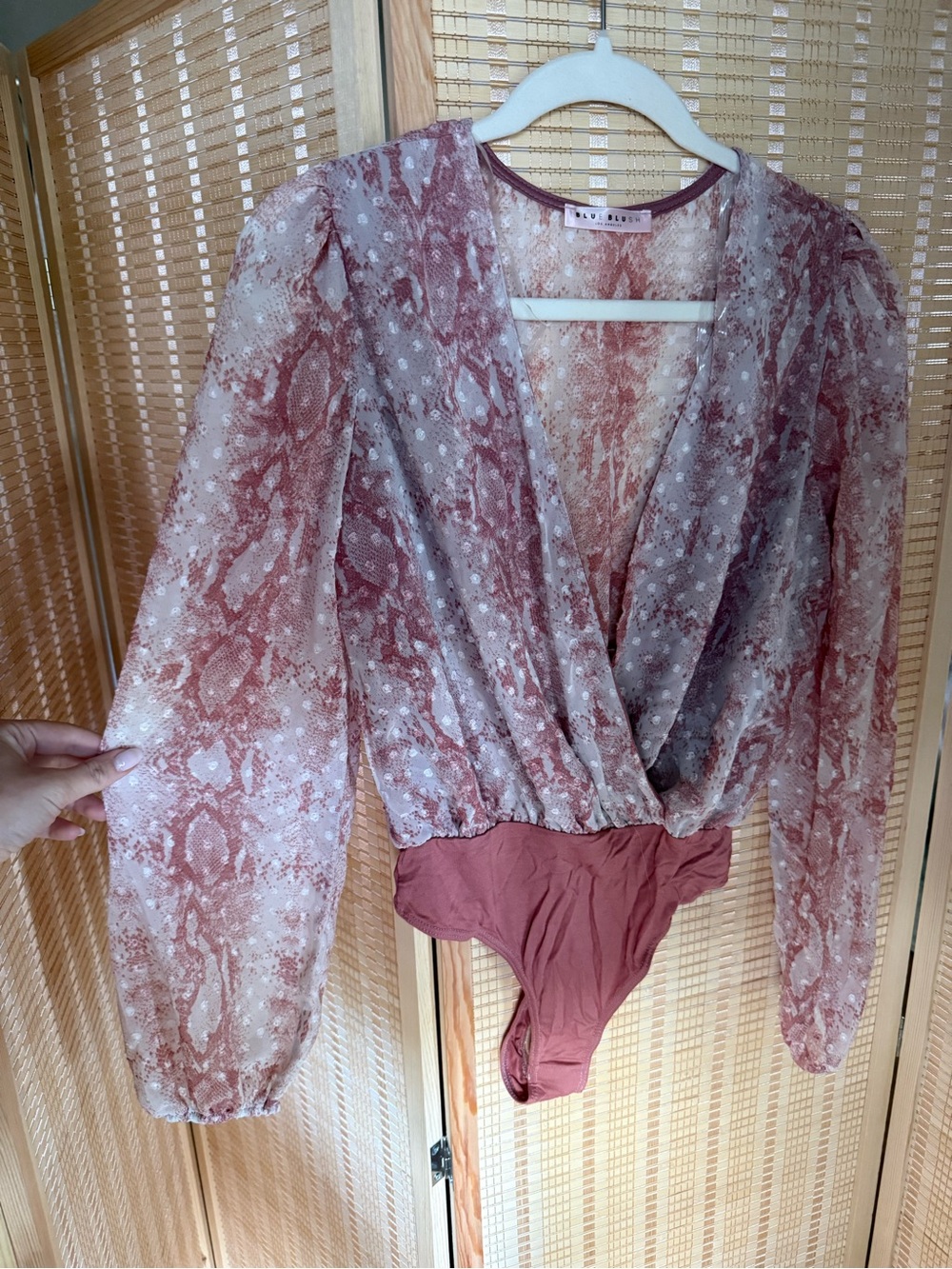 Blue Blush Mauve Snake-Print Wrap Bodysuit